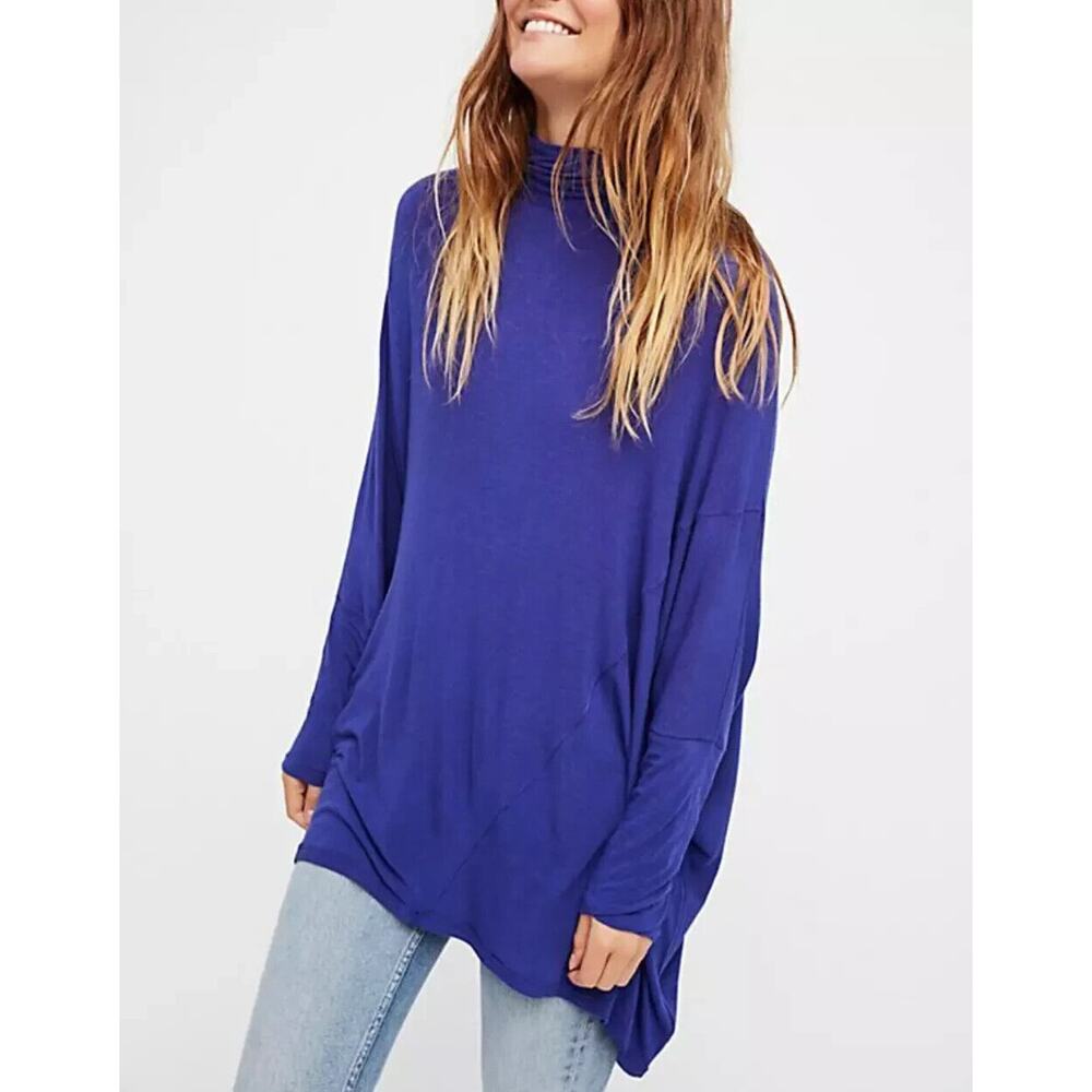 We The Free Blue Oversized Turtleneck Top Sz S Wool Lagenlook Dolman Batwing Art